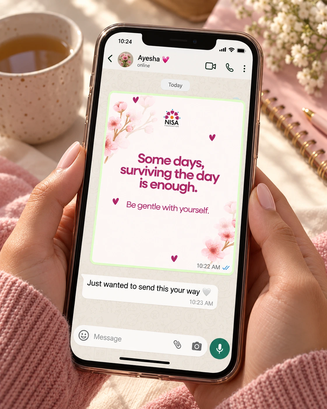 English Little Hope inspirational message cards from NISA Foundation shown on smartphones