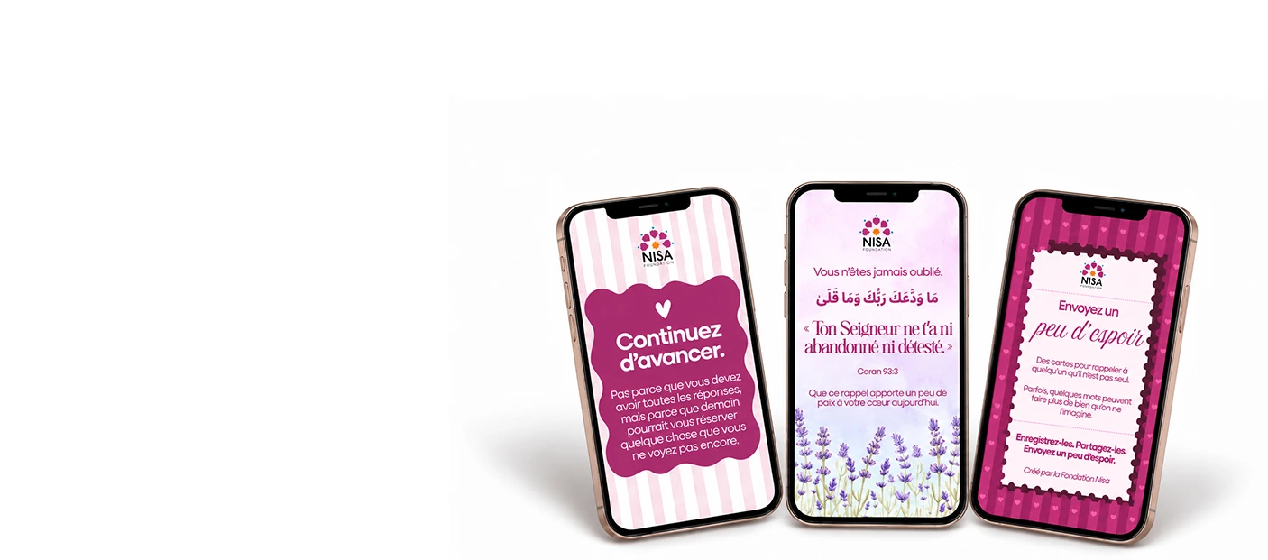 NISA Foundation Little Hope inspirational cards in French displayed on three smartphone mockups