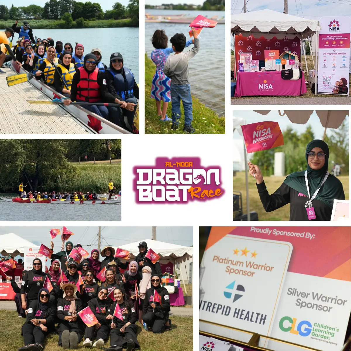 Photo collage of a Dragon Boat Race: paddlers on the water, cheering NISA team members, event booths, sponsor signs, and smiling participants.