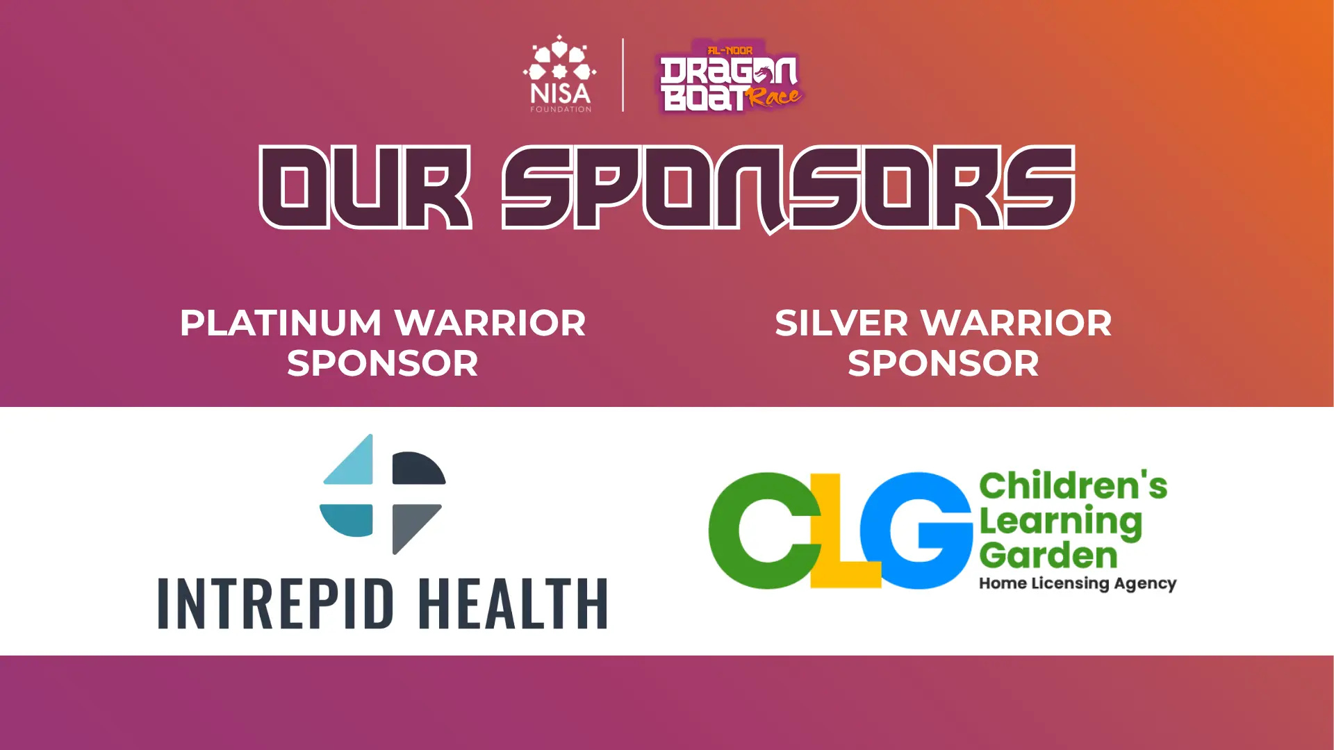NISA Dragon Boat Race sponsor banner featuring Intrepid Health as Platinum Sponsor and Children’s Learning Garden as Silver Sponsor.