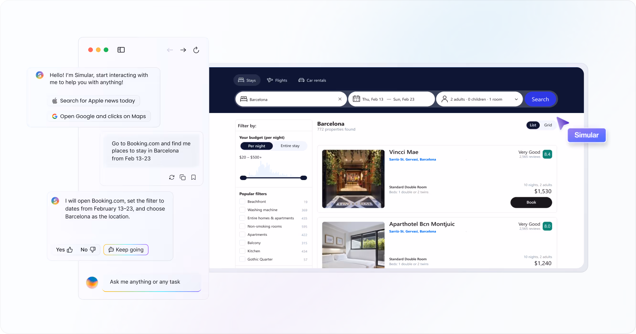 Simular engaging in a conversation with the user while navigating a website through its embedded browser.