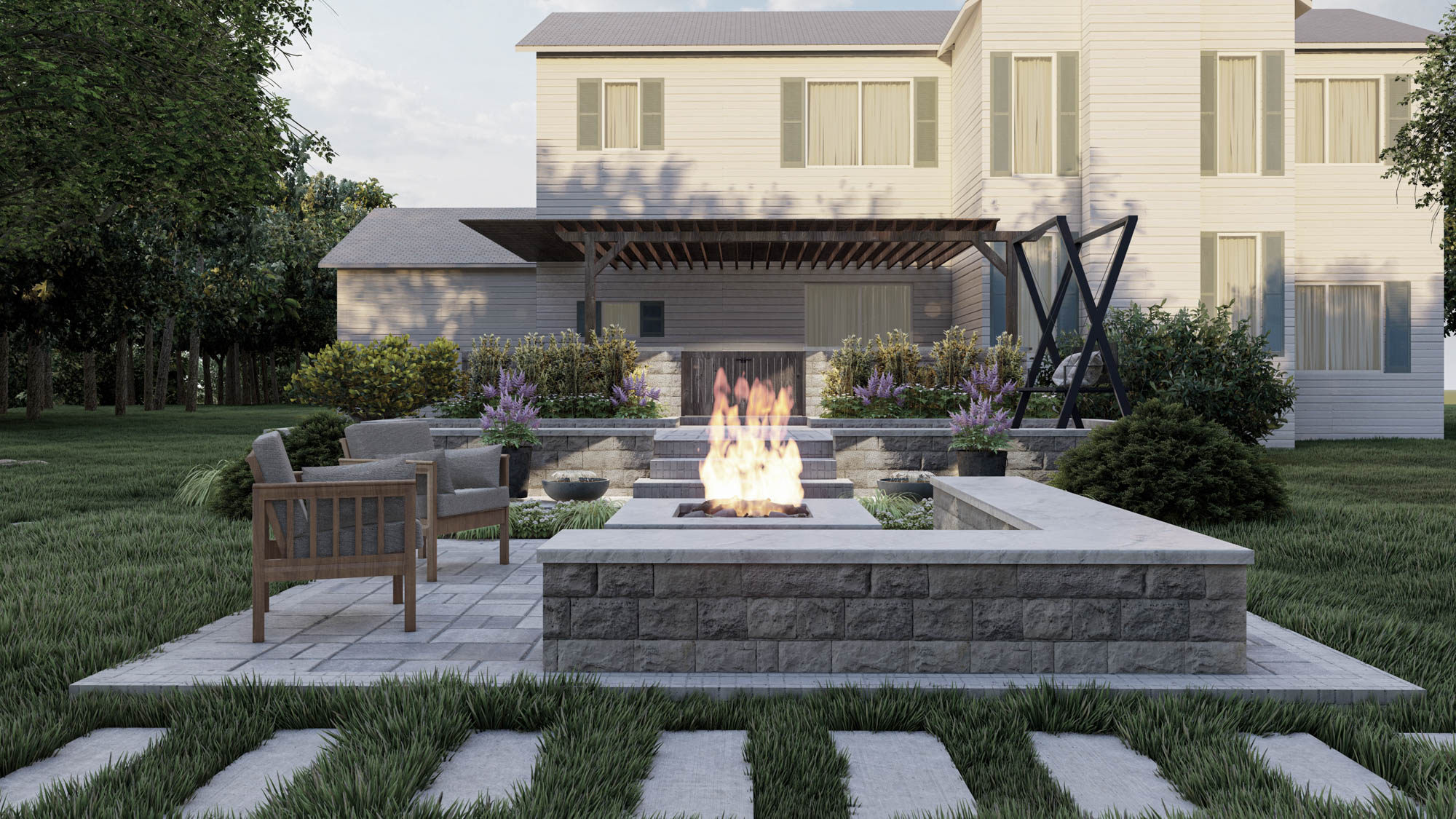 A luxurious backyard retreat with a custom pergola, stone fireplace, and outdoor kitchen, showcasing the expert craftsmanship and design of Red's Outdoor Design + Build.