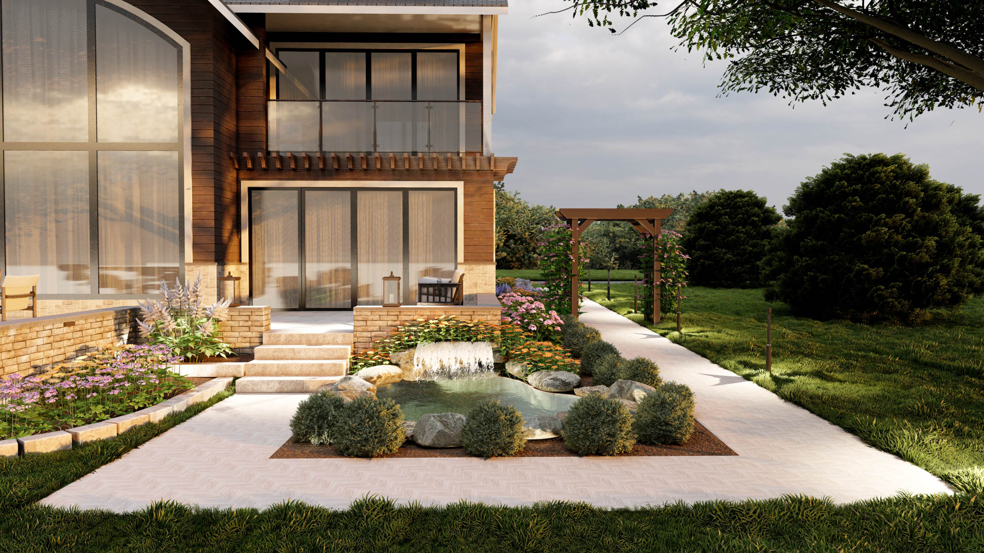 A luxurious backyard retreat with a custom pergola, stone fireplace, and outdoor kitchen, showcasing the expert craftsmanship and design of Red's Outdoor Design + Build.