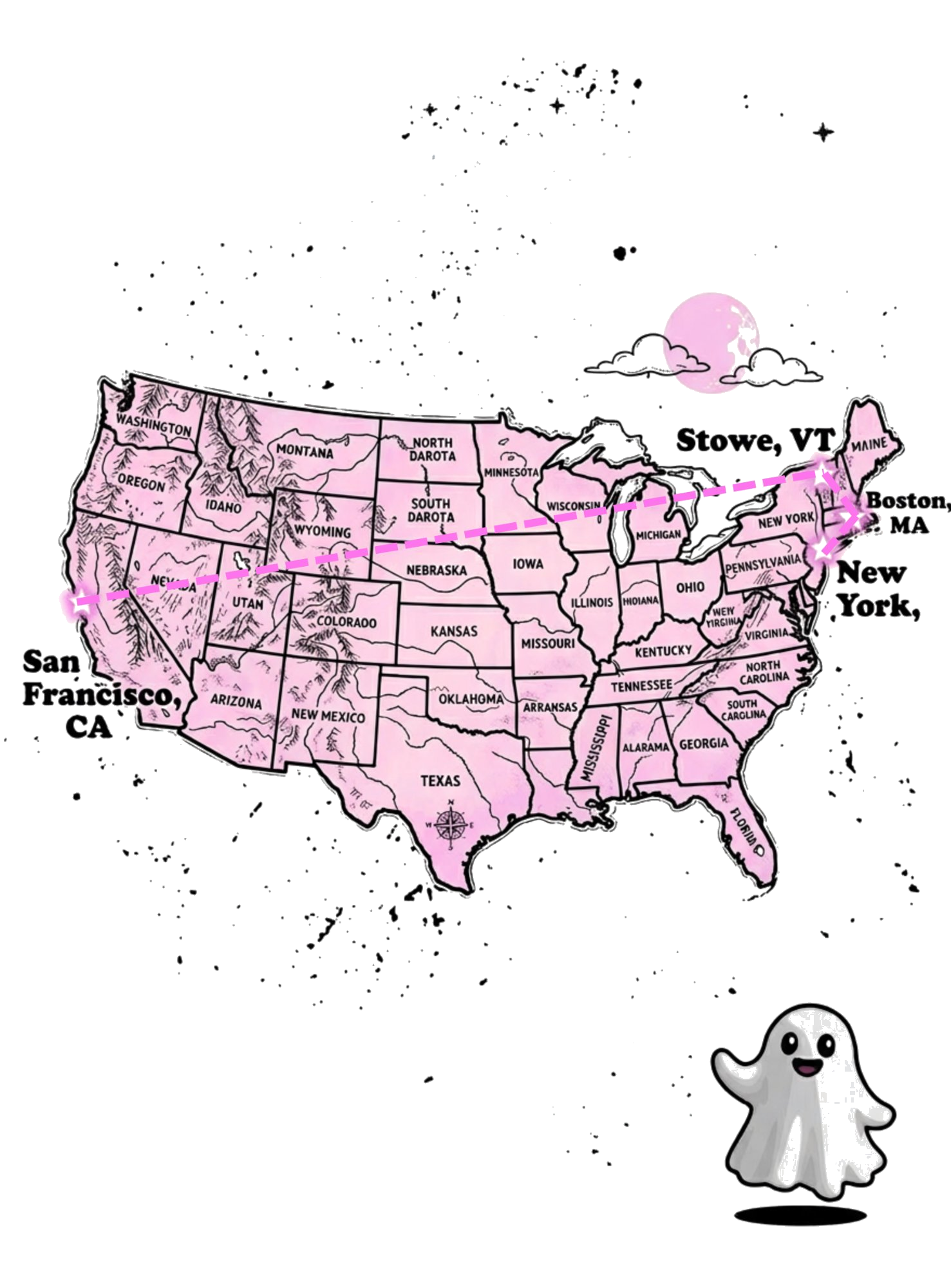 Ghost Tour Tour route map — San Francisco, Stowe VT, Boston MA, and New York