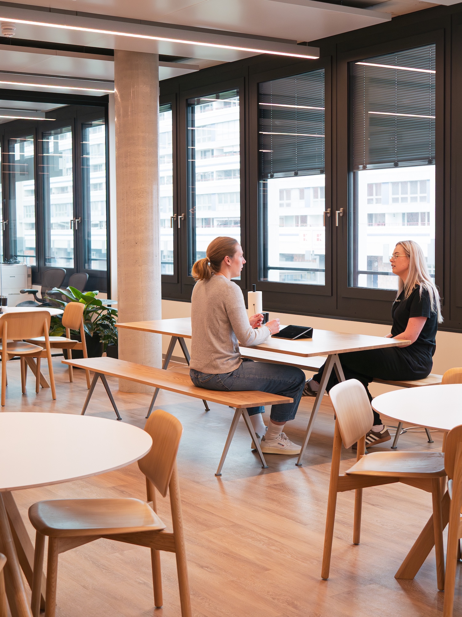 Two Hive colleagues chatting at a NORNORM bench table beside floor to ceiling windows
