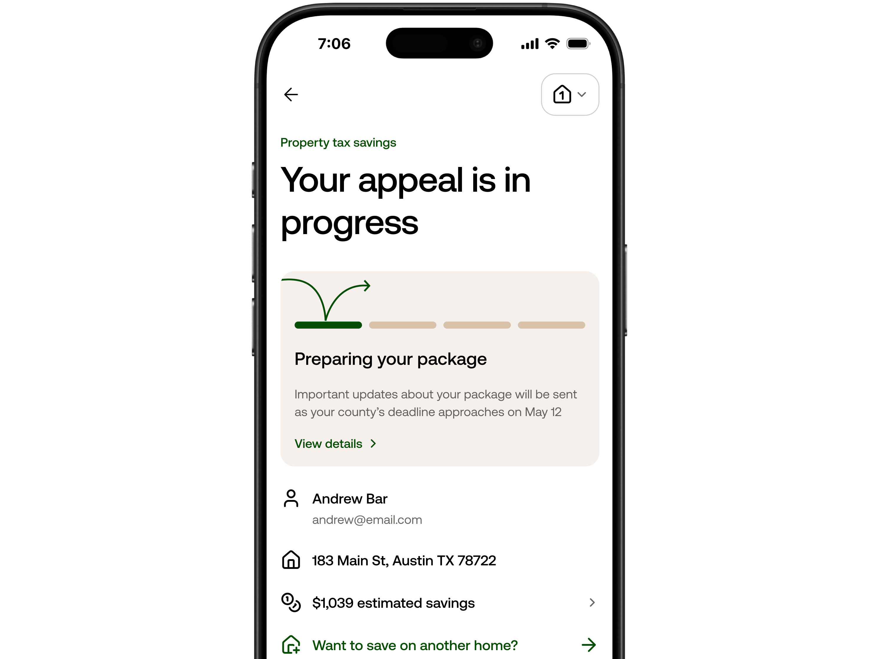 Smartphone screen showing a property tax savings app with the message 'Your appeal is in progress' and progress bar on 'Preparing your package', listing user Andrew Bar, address 183 Main St, Austin TX, and estimated savings of $1,039.