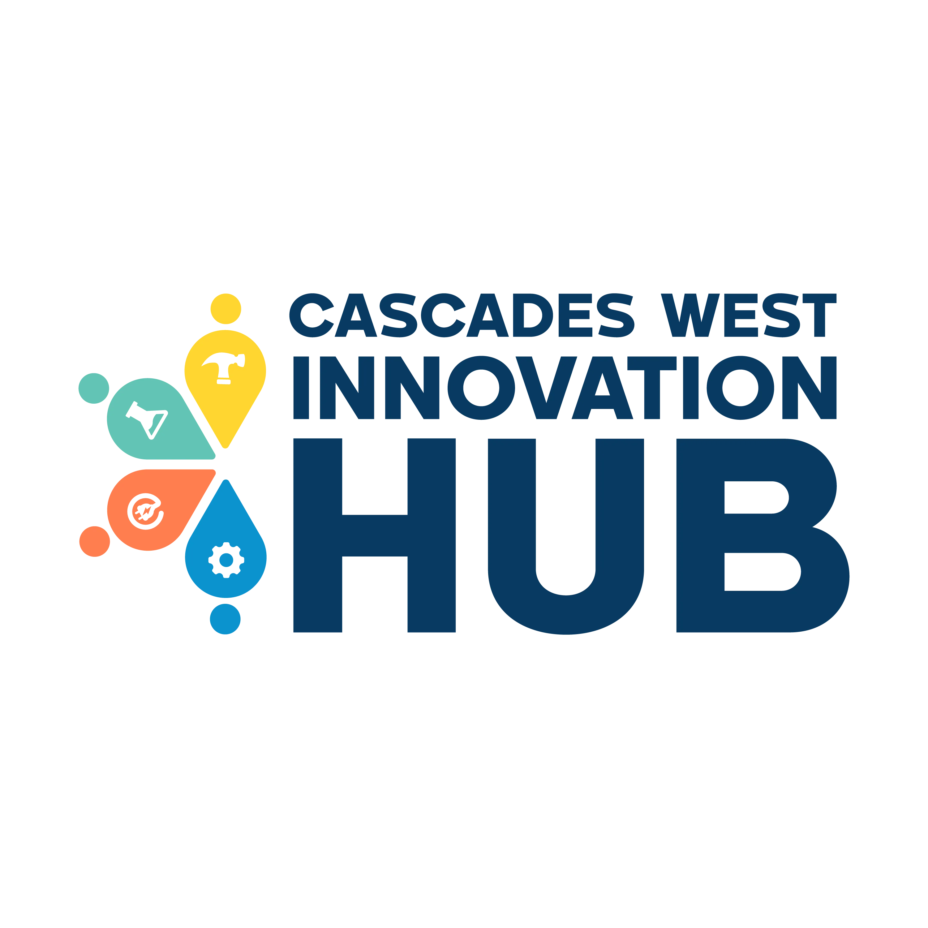 Cascades West Innovation Hub logo with colorful icons including a flask, lightbulb, gear, and speedometer.