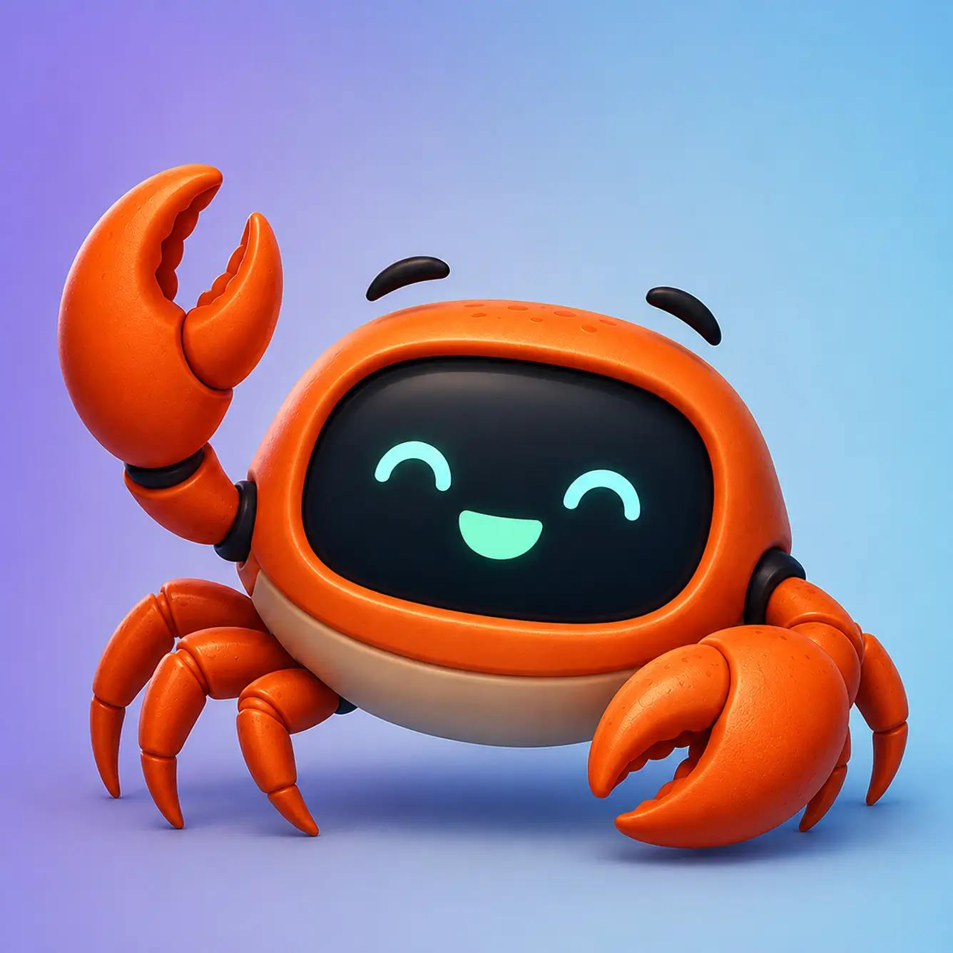 An image of Code & Wander's AI operations assistant, Clive. An orange robot crab with a smiling digital face on a blue-purple gradient background.