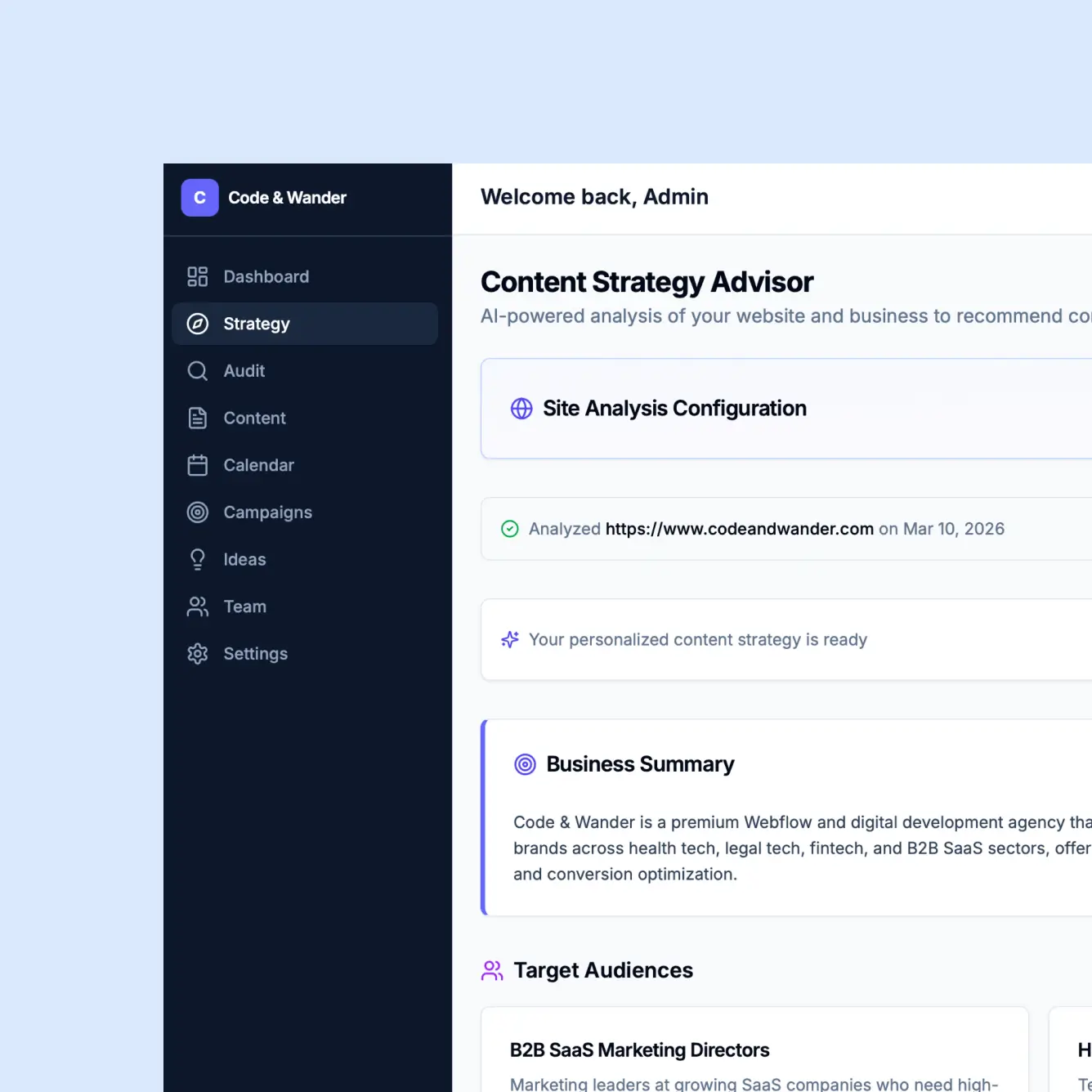 Dashboard interface of Content Strategy Advisor showing site analysis, business summary, and target audiences.