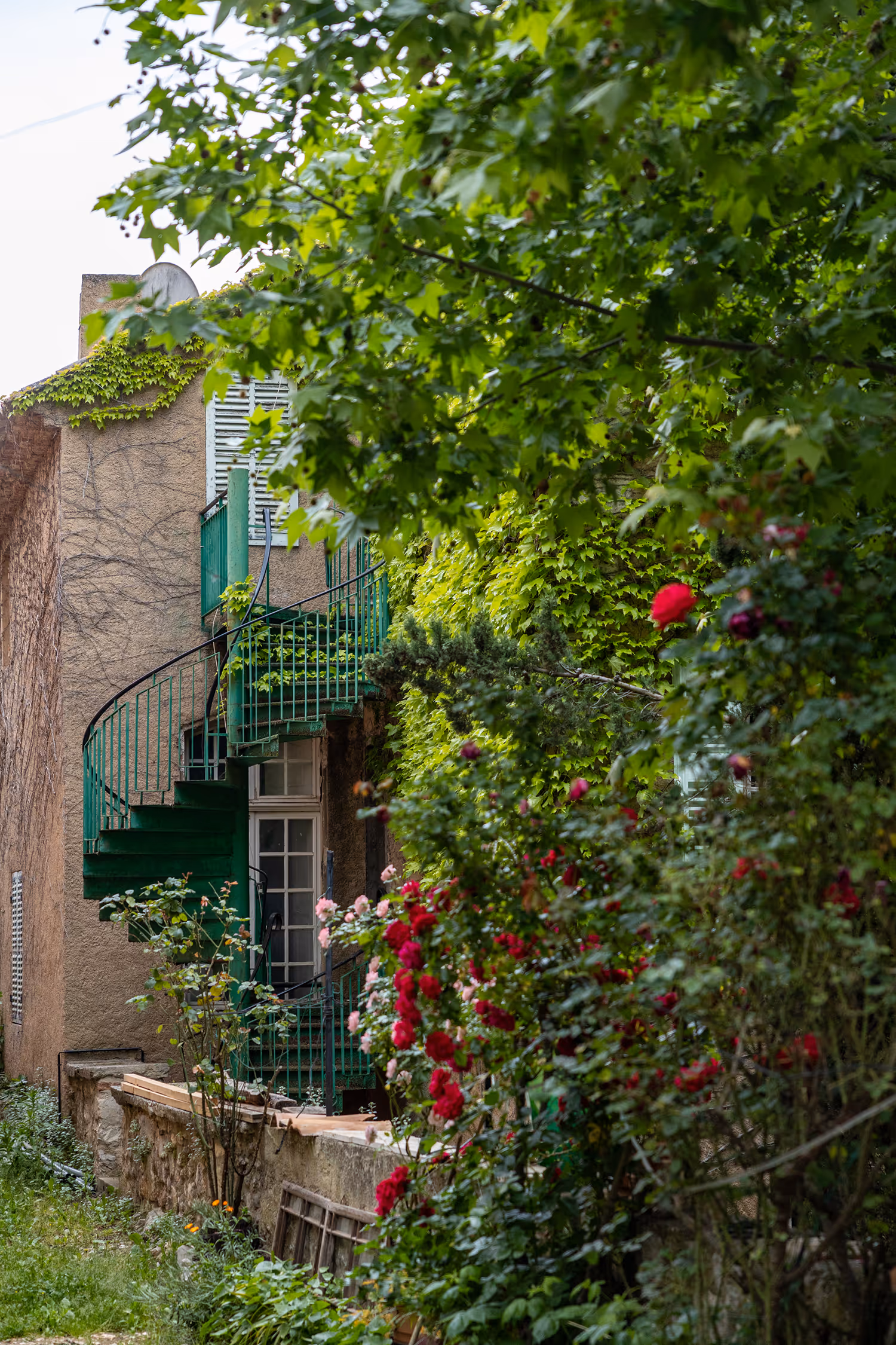 Candid travel photography in Moustiers-Sainte-Marie, Provence, France, showing a turquoise spiral staircase on the exterior of a traditional building, partially hidden by dense, leafy green foliage and bright red roses, creating a contrast between architecture and nature.