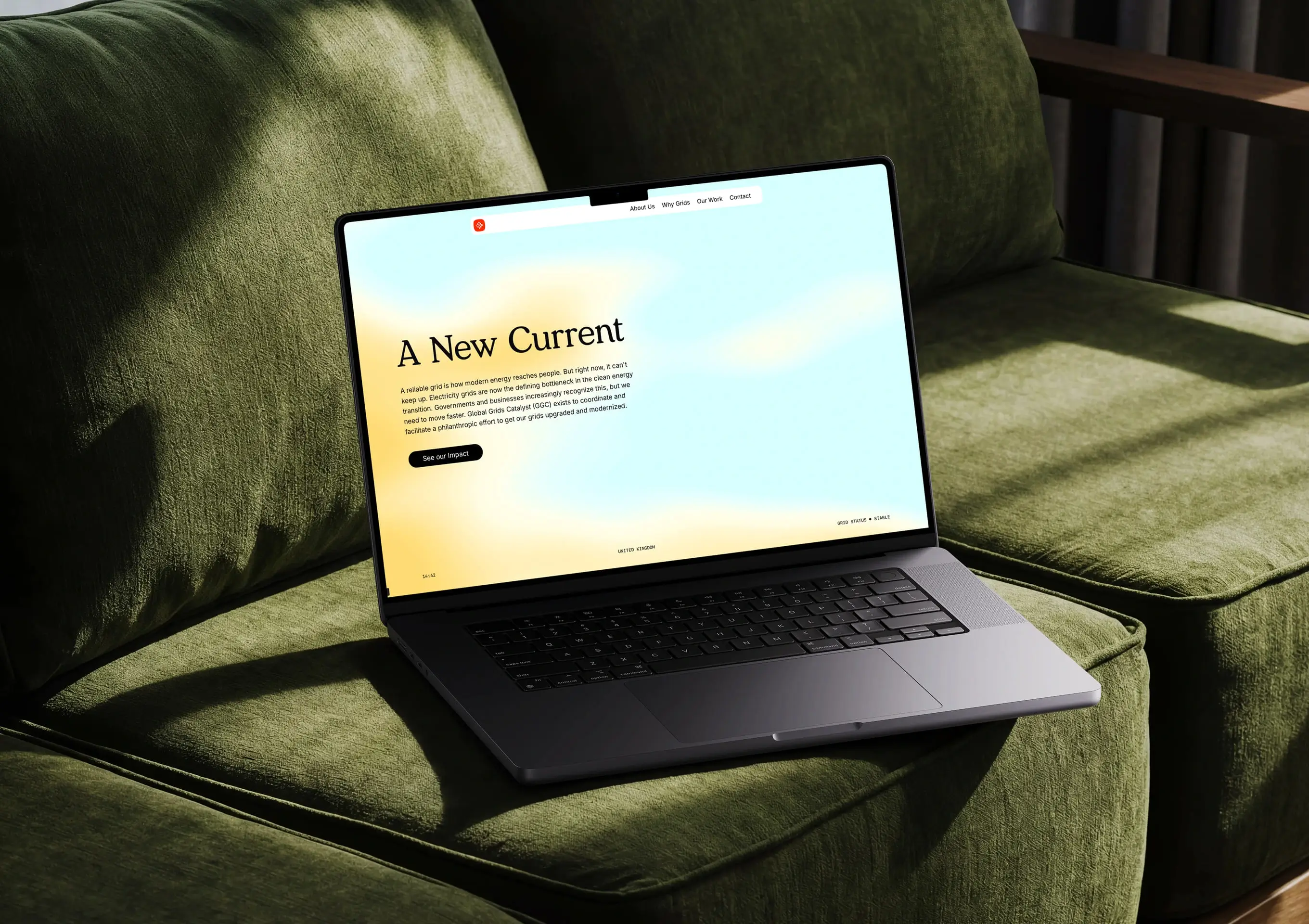 Global Grids Catalyst website homepage hero section on a laptop mockup, showing the heading 'A New Current' over a warm gradient background, built by Code & Wander.