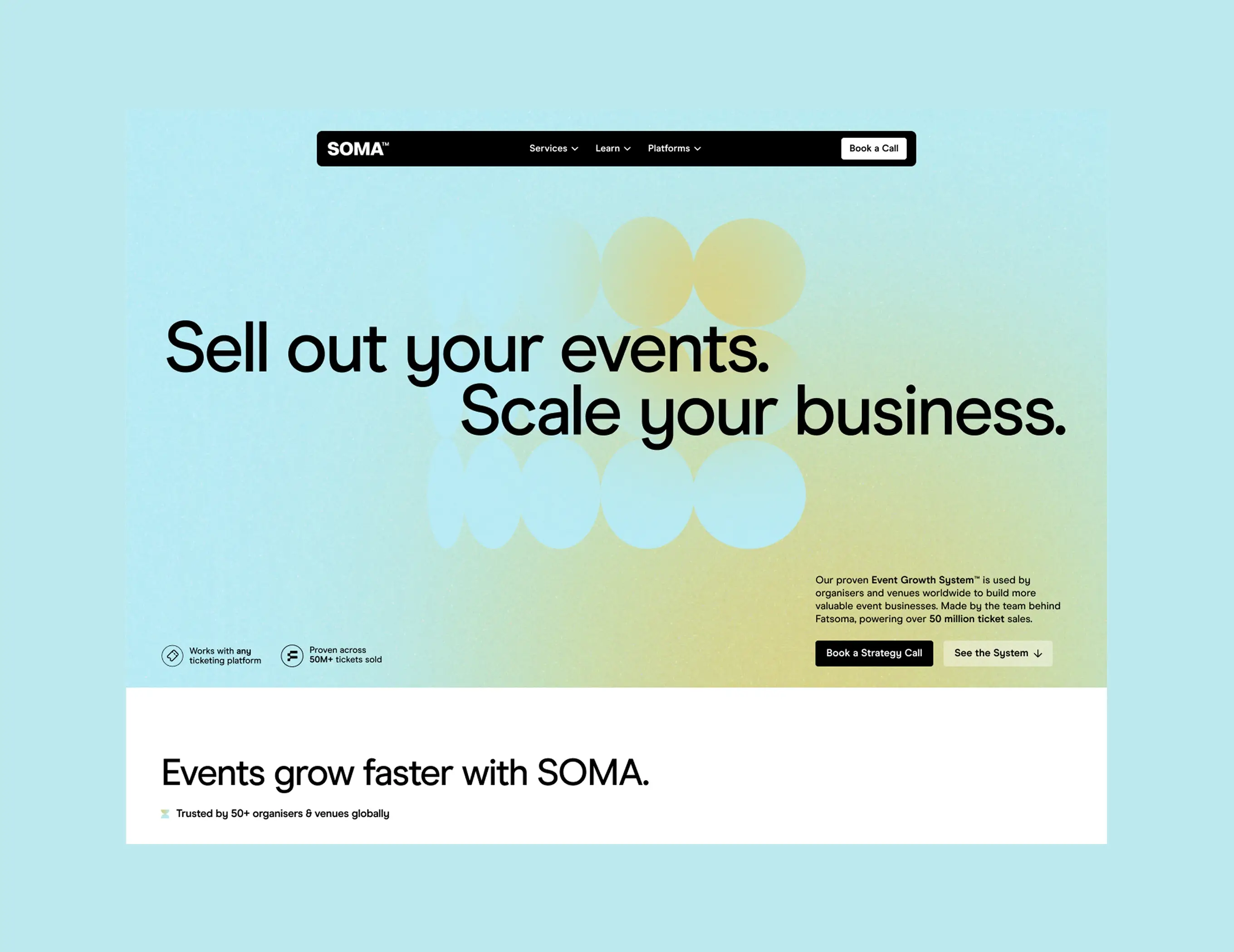 Fatsoma website homepage design, showing the event growth platform hero section