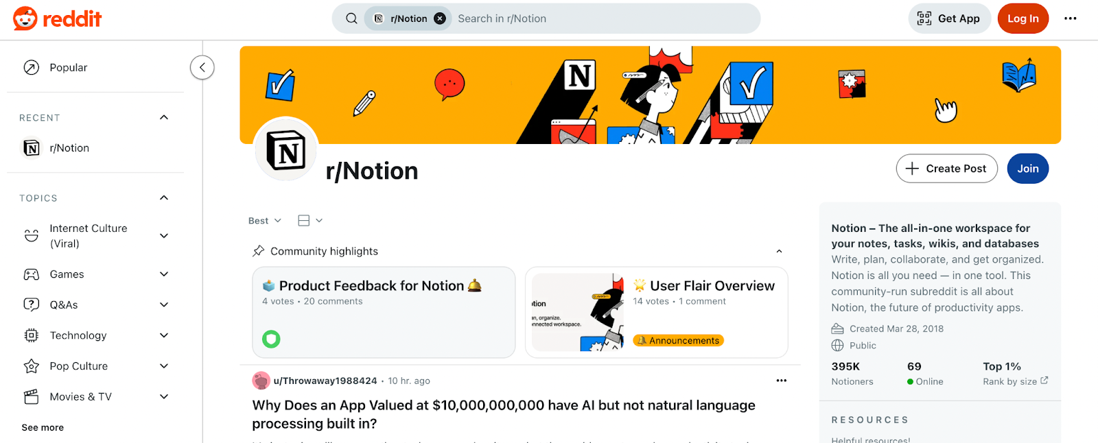 Page Reddit dédiée à la communauté Notion