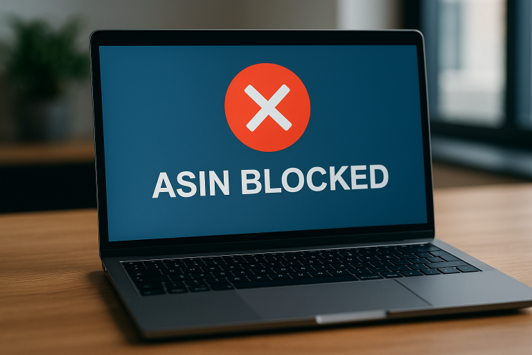 Laptop mit rotem „X“ und der Meldung „ASIN BLOCKED“ – Symbolbild für die Amazon ASIN-Sperre. 