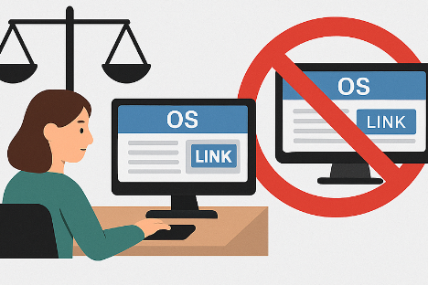 llustration zur Abschaffung der OS-Plattform: Frau am Schreibtisch mit Computerbildschirm, der auf einen OS-Link verweist, daneben durchgestrichener zweiter Bildschirm mit Verbotssymbol – Visualisierung der rechtlichen Pflicht zur Entfernung des OS-Links im E-Commerce ab Juli 2025.
