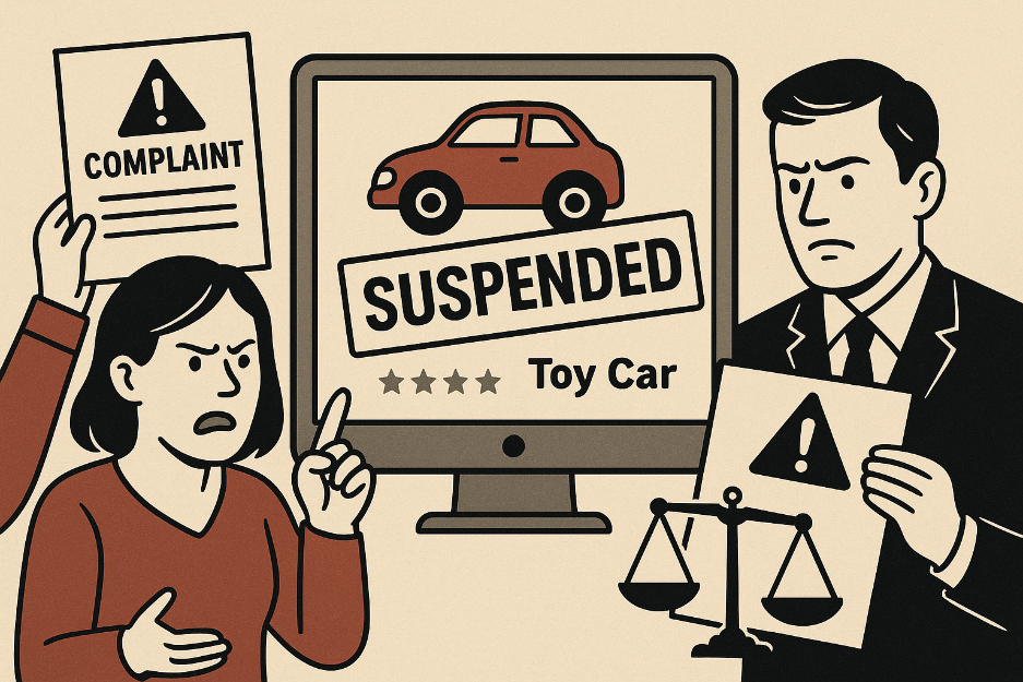 Illustration eines Amazon-Händler-Rechtsstreits wegen unberechtigter ASIN-Sperre: Frau reicht Beschwerde gegen Spielzeugauto ein, Produkt wird auf Online-Marktplatz gesperrt, betroffener Verkäufer mit Anwaltsdokument und Waage der Justiz – Symbol für juristische Auseinandersetzung und Wettbewerbsrecht.