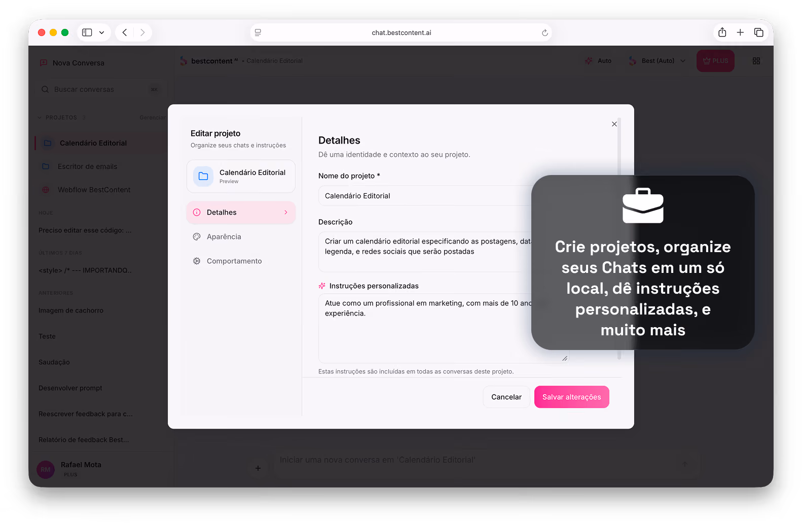 Projects feature in BestContent Chat