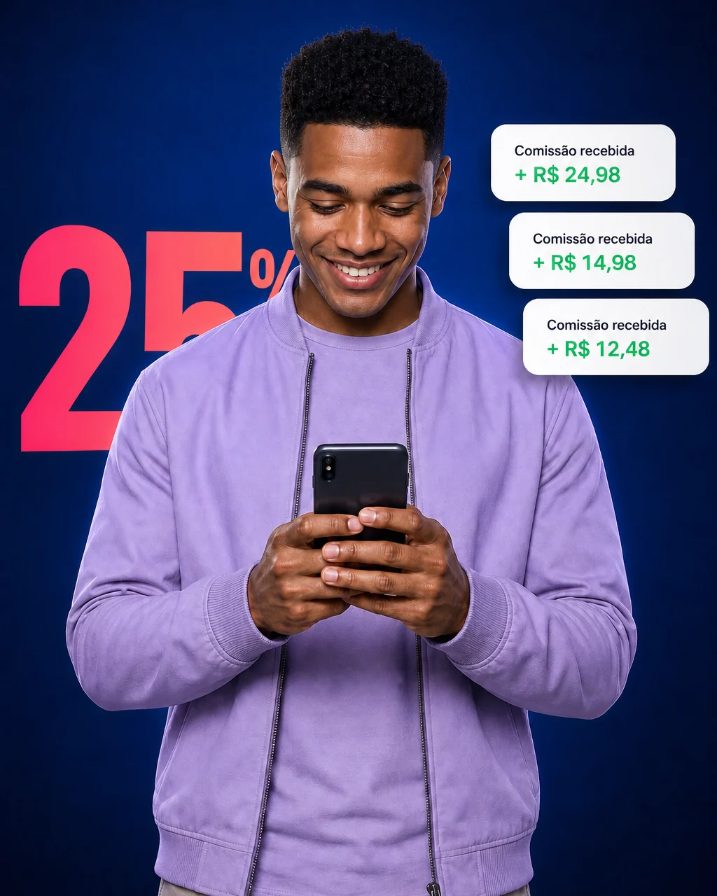 Afiliado da BestContent AI sorrindo ao acompanhar as comissões recebidas pelo celular