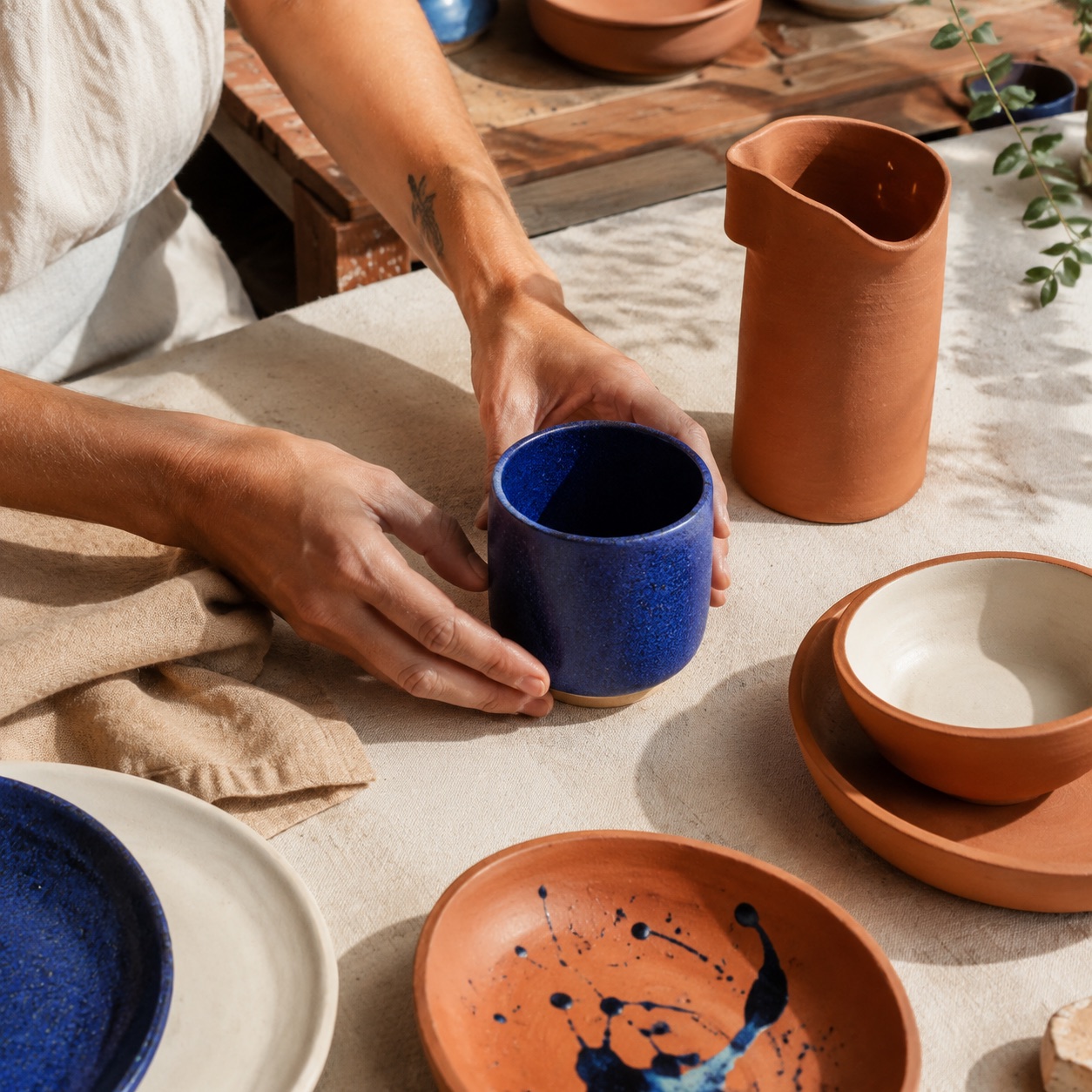 Handmade ceramics presented in a campaign created with AI