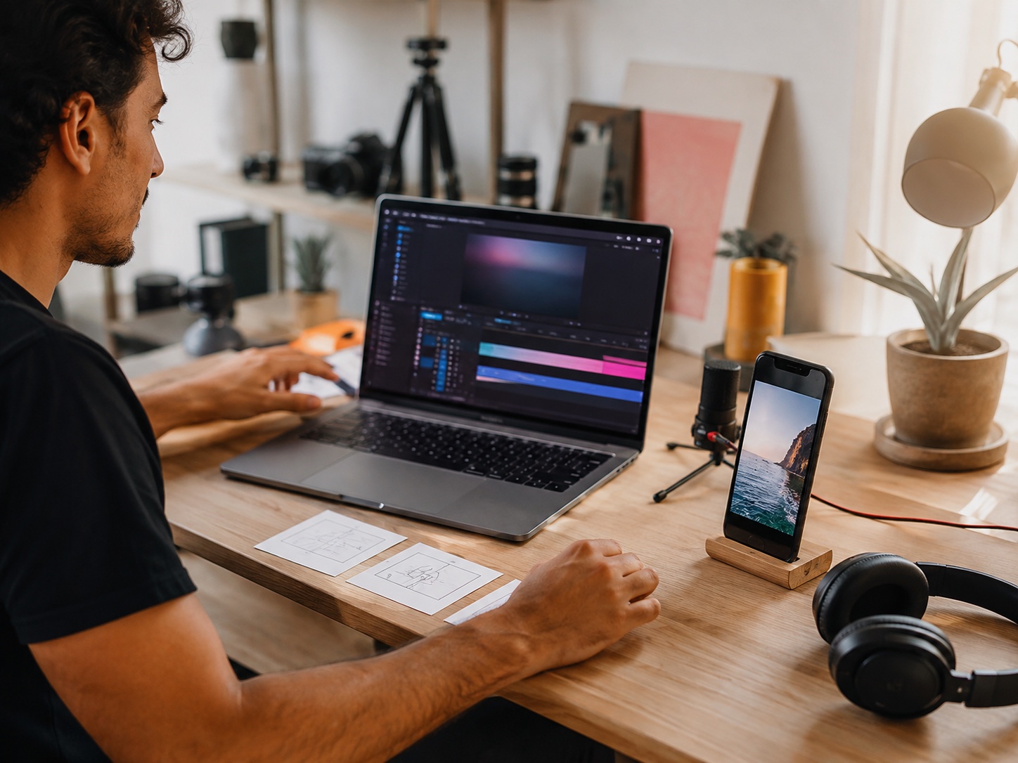 Professional creating a social media video with an editor, phone, microphone and storyboard