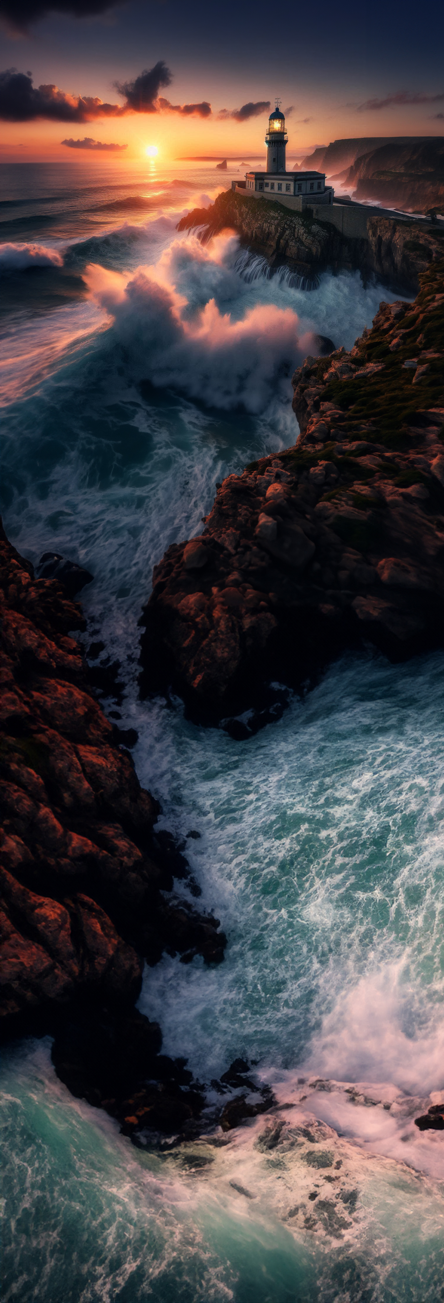 Photo of a lighthouse stationed on a peninsula as the sun rises over the horizon 