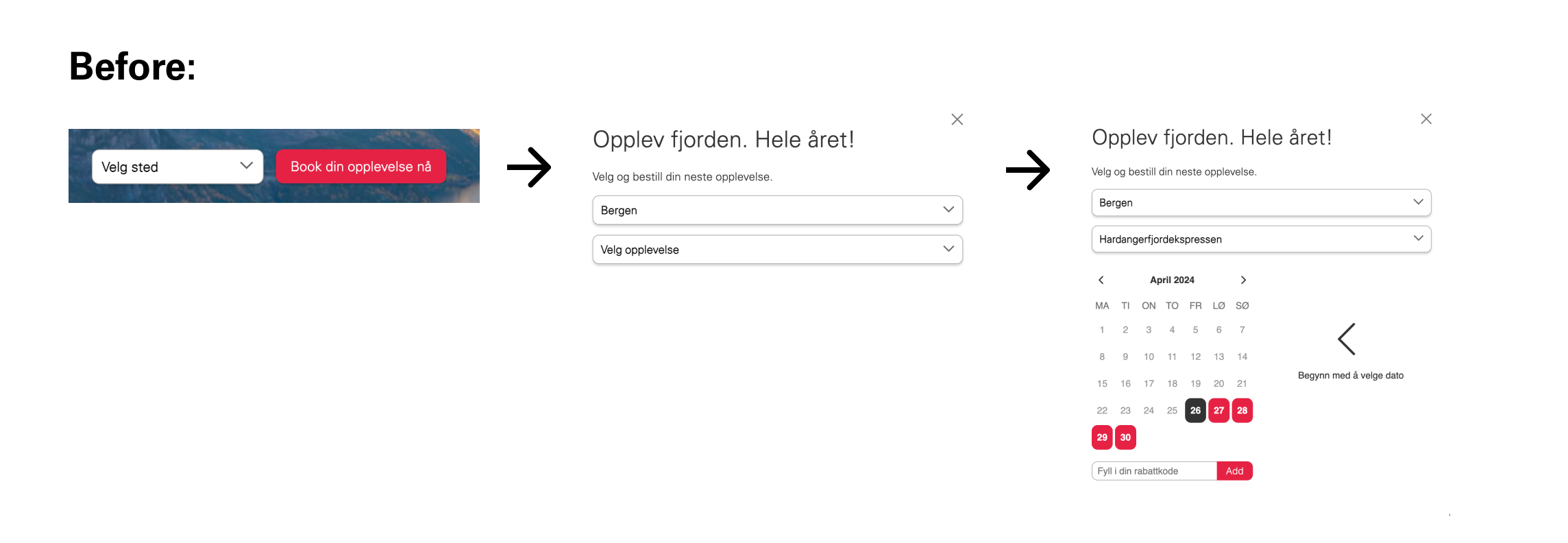 Screenshot of the old booking flow showing a dropdown menu with a label called "pick place", then an arrow to a new screenshot that shows two drop down menu, one with the destination and one with the name of the trip. Then there's an arrow to the last screen, that show's a date picker that looks like a calendar.