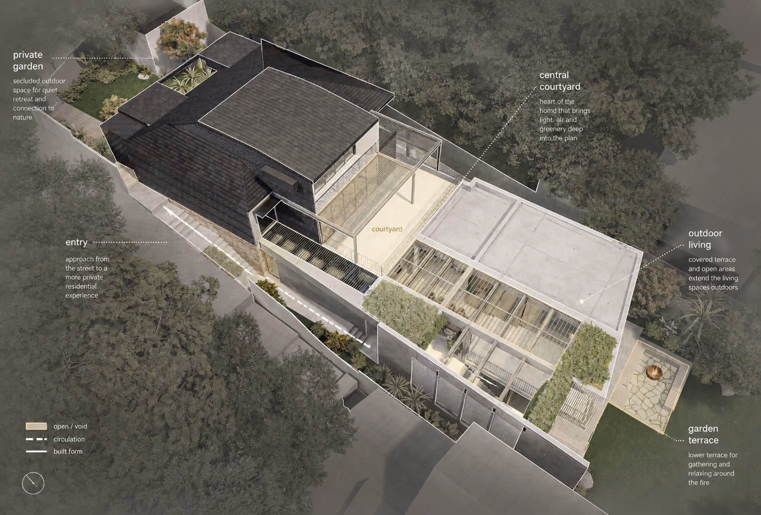 Axonometric architectural diagram illustrating circulation, courtyard spaces and landscape integration at Vaucluse I.