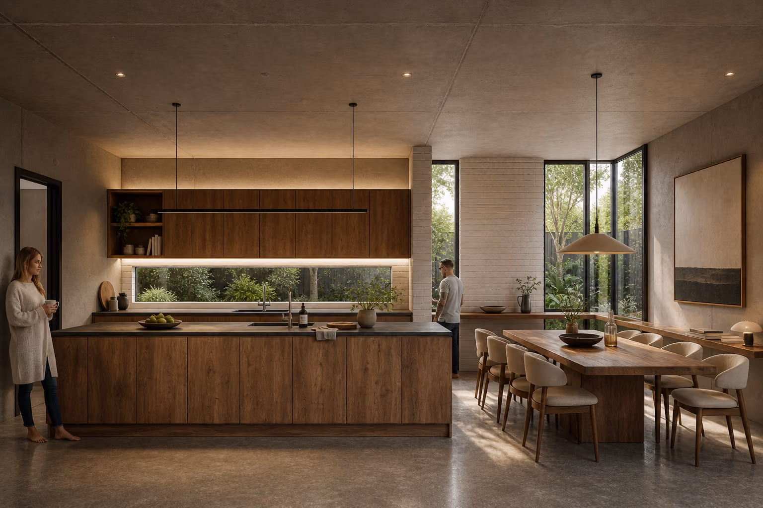 Warm timber kitchen and dining space with garden outlook in the Vaucluse I residence by hecticrAt Architects.