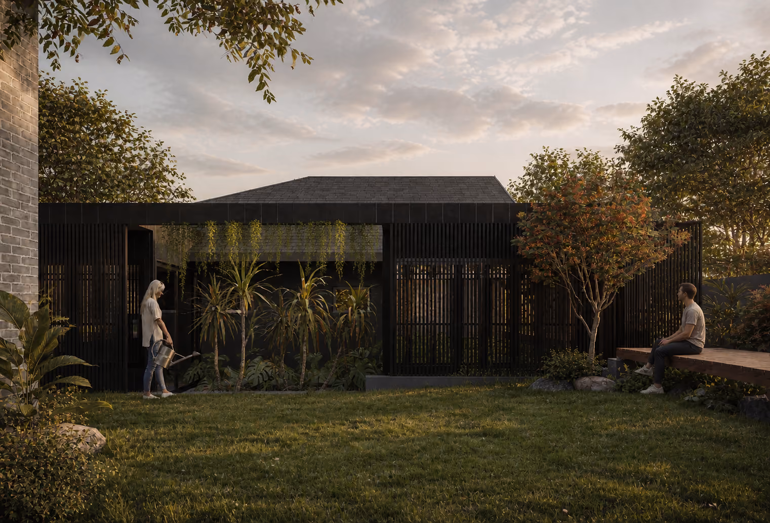 Rear garden elevation with black timber screening and planted courtyard spaces in a contemporary Vaucluse residence.
