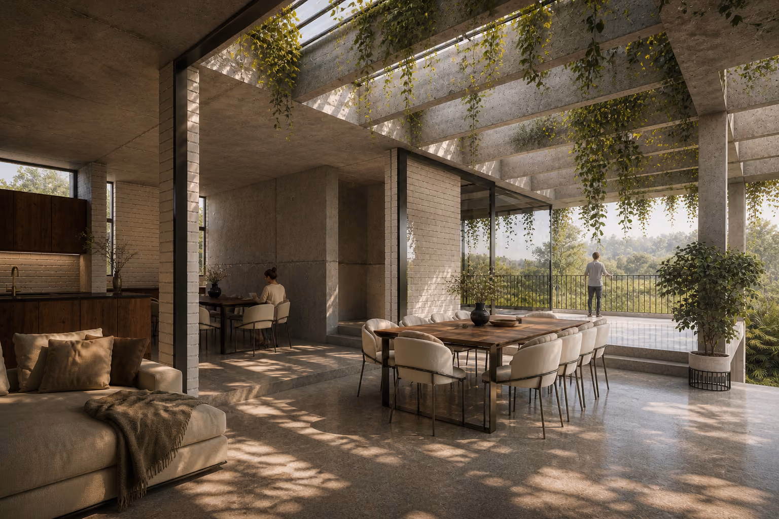 Open-plan living and dining space with planted concrete pergola courtyard in the Vaucluse I residence by hecticrAt Architects, Sydney.