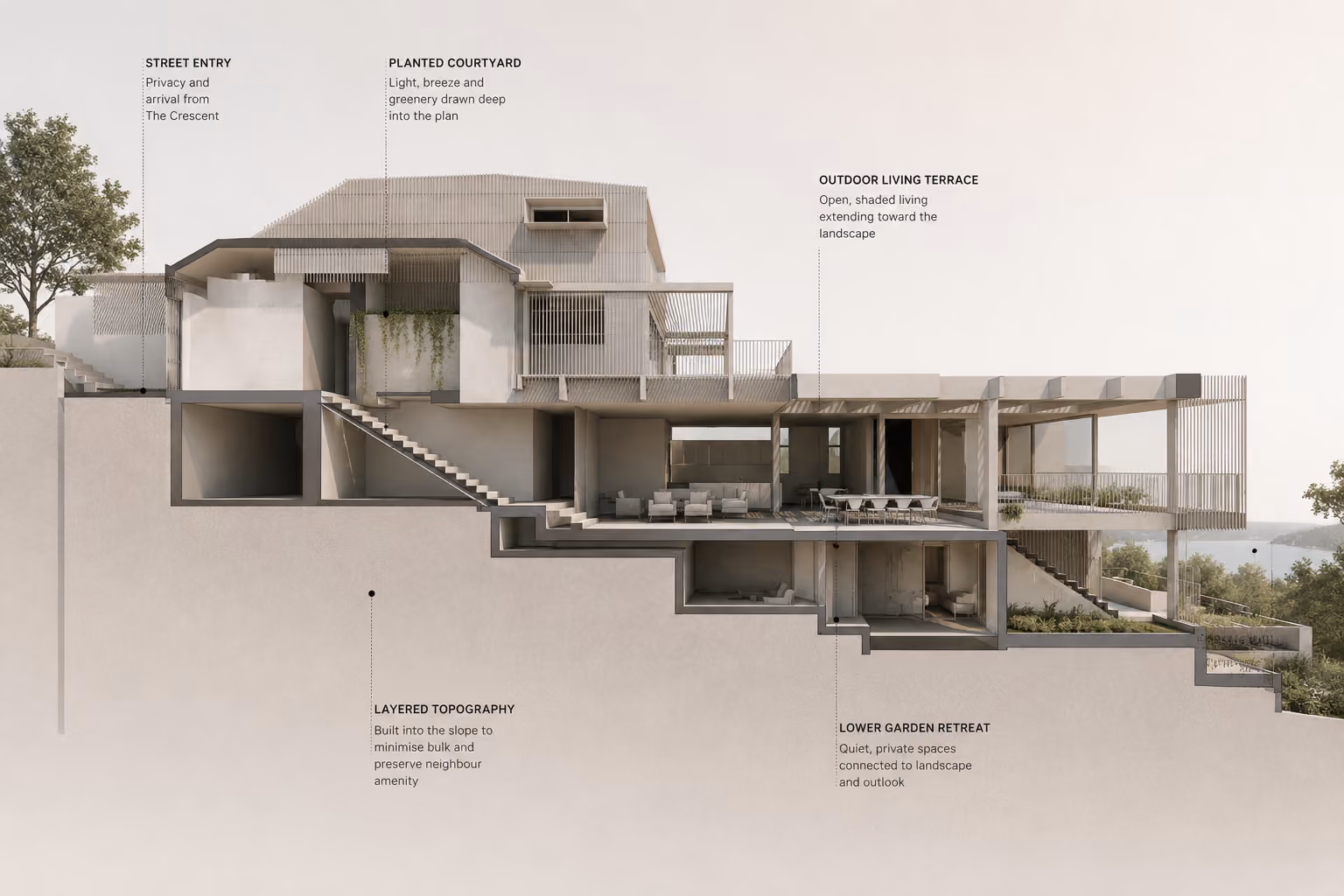 The balcony of an architectural home in Sydney with timber slats and aluminium framing designed by our Sydney Architects