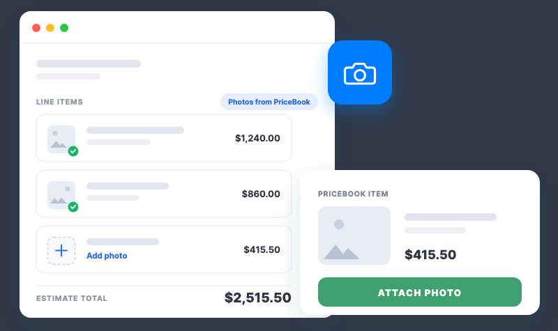 Proposal line items with photos attached from the PriceBook, shown on customer-facing documents