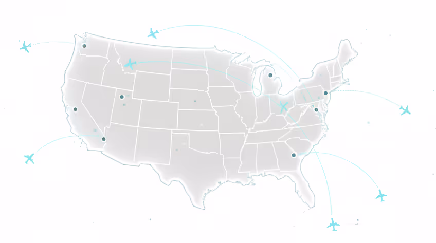 Map of the United States with planes coming in and out