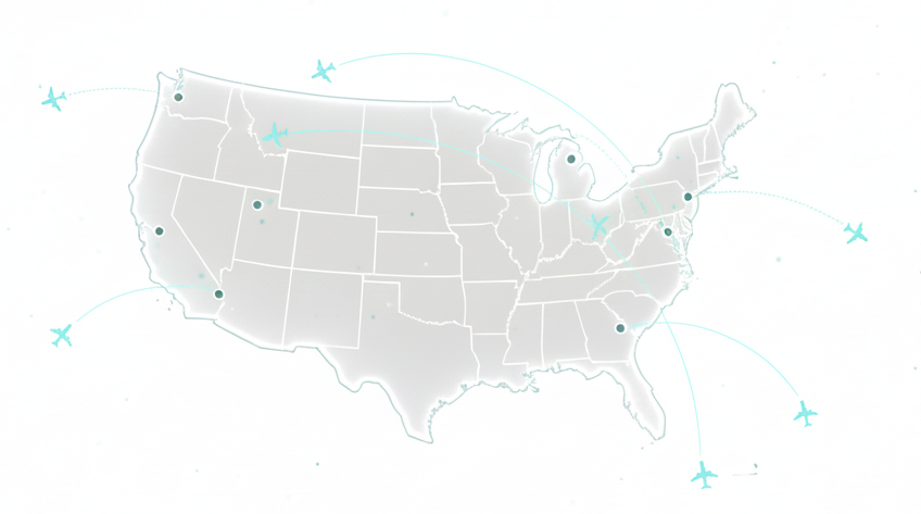 Map of the United States with planes coming in and out