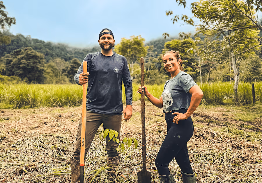 People in front of a recently planted tree