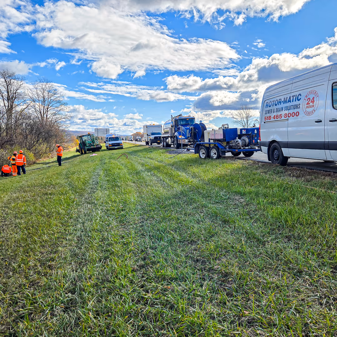 Several workers in orange safety vests near trucks and equipment by the side of a highway under a partly cloudy blue sky.