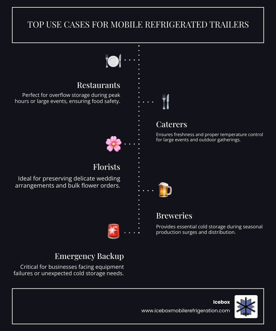 Infographic showing the top use cases for mobile refrigerated trailers including restaurants needing overflow storage, caterers preparing for large events, florists storing wedding arrangements, breweries during peak seasons, and emergency backup storage for businesses with equipment failures - refrigerated truck rentals infographic infographic-line-5-steps-dark