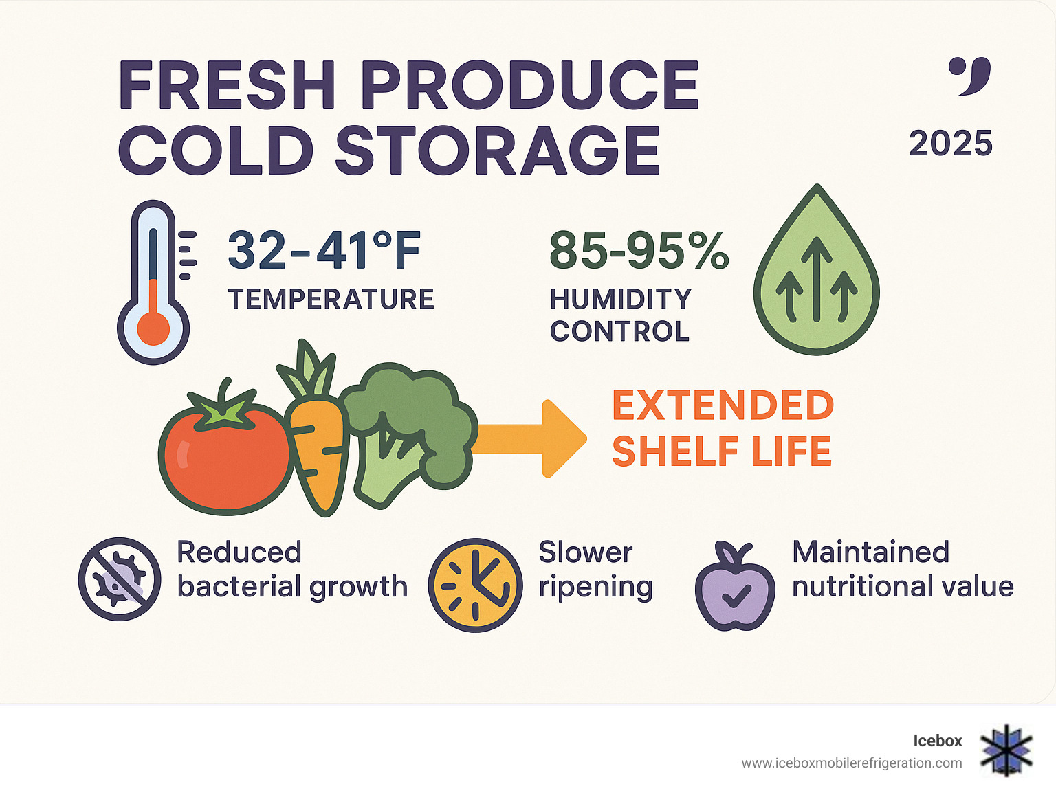 Infographic showing fresh produce cold storage temperature ranges from 32-41°F, humidity control at 85-95%, and shelf life extension benefits including reduced bacterial growth, slower ripening, and maintained nutritional value - fresh produce cold storage infographic 