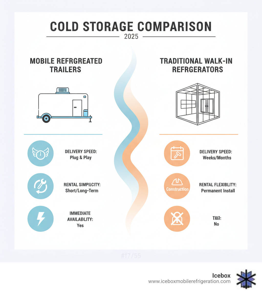 Comparison infographic showing mobile refrigerated units versus traditional walk-in refrigerator installations, highlighting delivery speed, setup simplicity, rental flexibility, and immediate availability of mobile solutions - walk in refrigerator infographic 