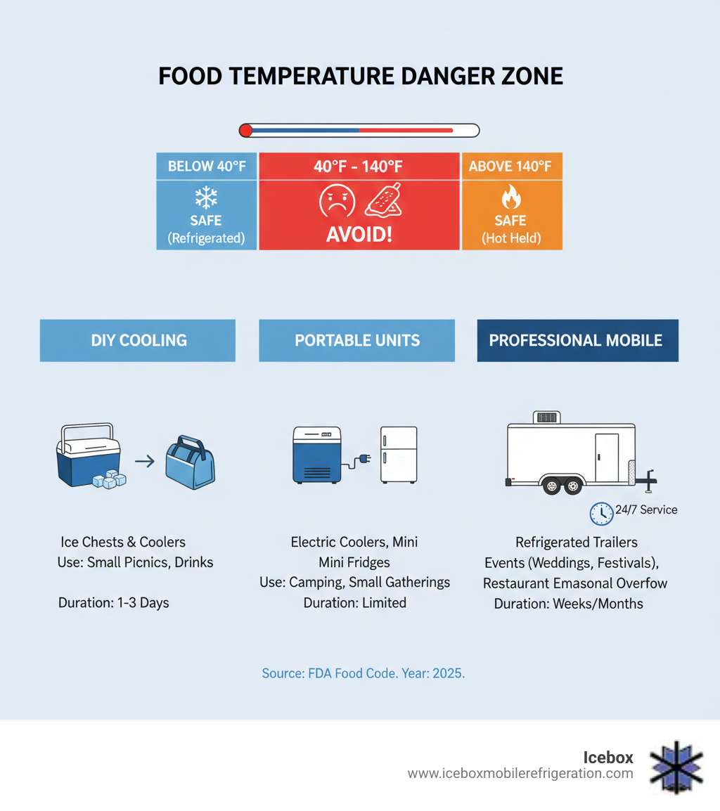 Infographic showing food temperature danger zone (40°F-140°F), different temporary cooling options from DIY ice chests to professional mobile refrigerated units, and typical use cases for each solution including events, restaurant emergencies, and seasonal overflow - temporary food cooler infographic 
