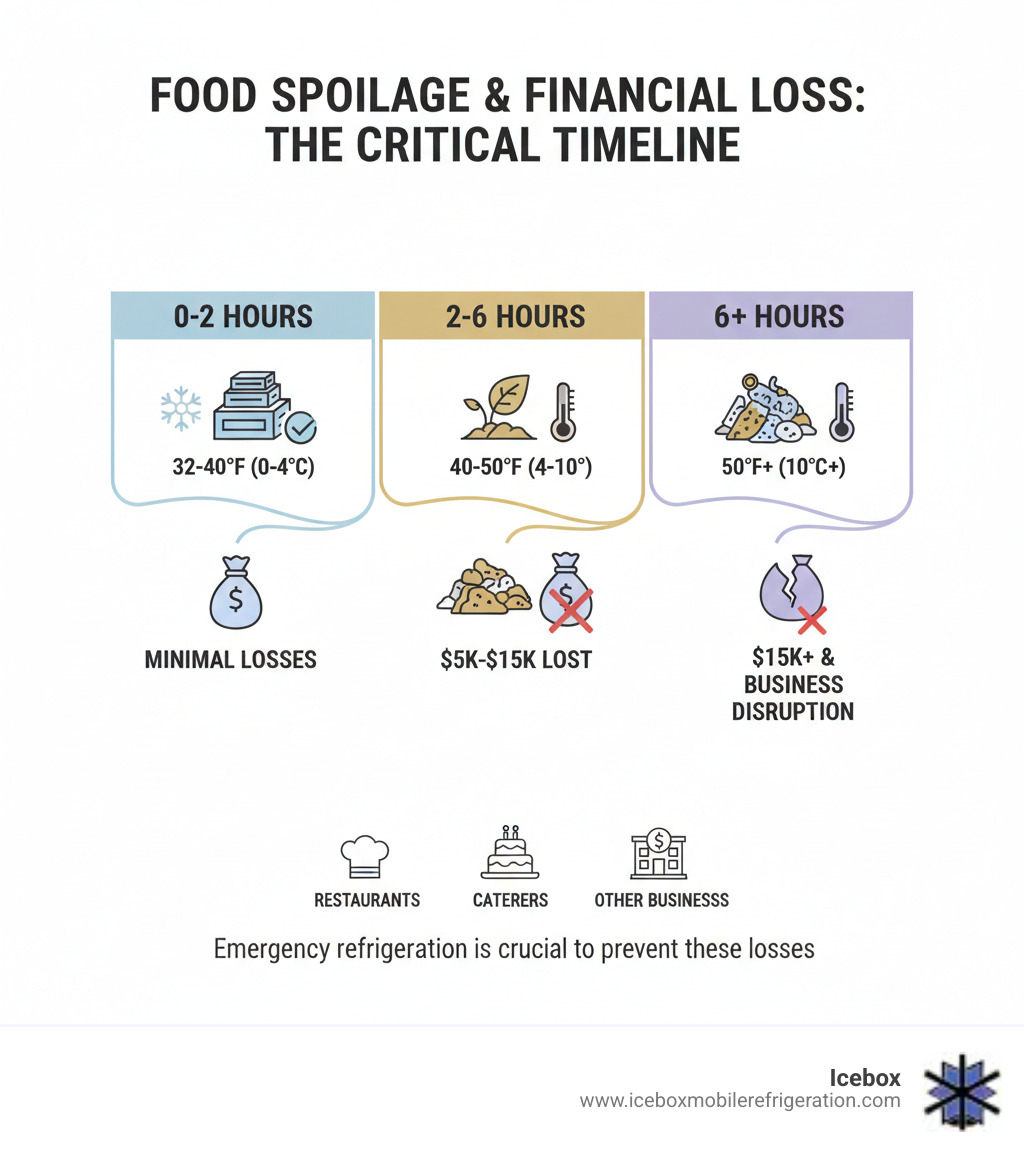 Timeline showing food spoilage progression at different temperatures with corresponding financial losses for restaurants, caterers, and other businesses requiring emergency refrigeration storage - emergency refrigeration storage infographic 