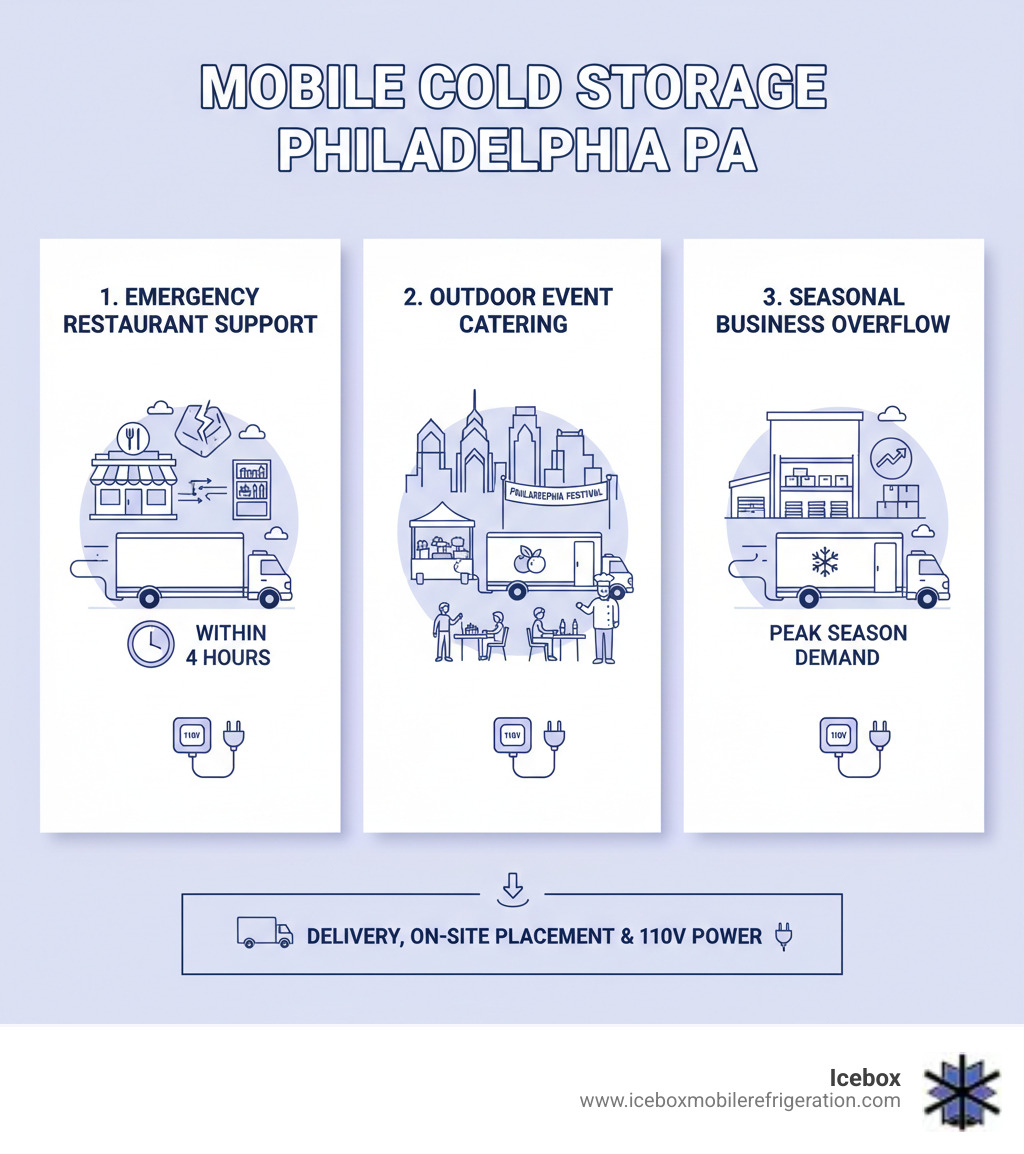 Infographic showing three scenarios: 1) Restaurant with equipment failure getting emergency mobile freezer trailer within 4 hours, 2) Event caterer using mobile cooler trailer at outdoor Philadelphia festival, 3) Business using mobile refrigeration during seasonal overflow—all with delivery trucks, on-site placement, and 110V power connection illustrated - cold storage Philadelphia PA infographic  Infographic showing three scenarios: 1) Restaurant with equipment failure getting emergency mobile freezer trailer within 4 hours, 2) Event caterer using mobile cooler trailer at outdoor Philadelphia festival, 3) Business using mobile refrigeration during seasonal overflow—all with delivery trucks, on-site placement, and 110V power connection illustrated - cold storage Philadelphia PA infographic