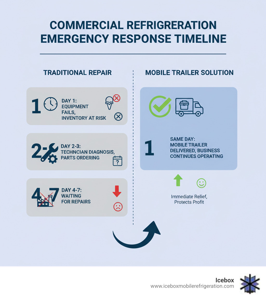 Infographic showing commercial refrigeration emergency response timeline: Day 1 - Equipment fails, inventory at risk; Day 2-3 - Technician diagnosis, parts ordering; Day 4-7 - Waiting for repairs vs. Mobile trailer delivered same day, business continues operating - commercial refrigeration service infographic 