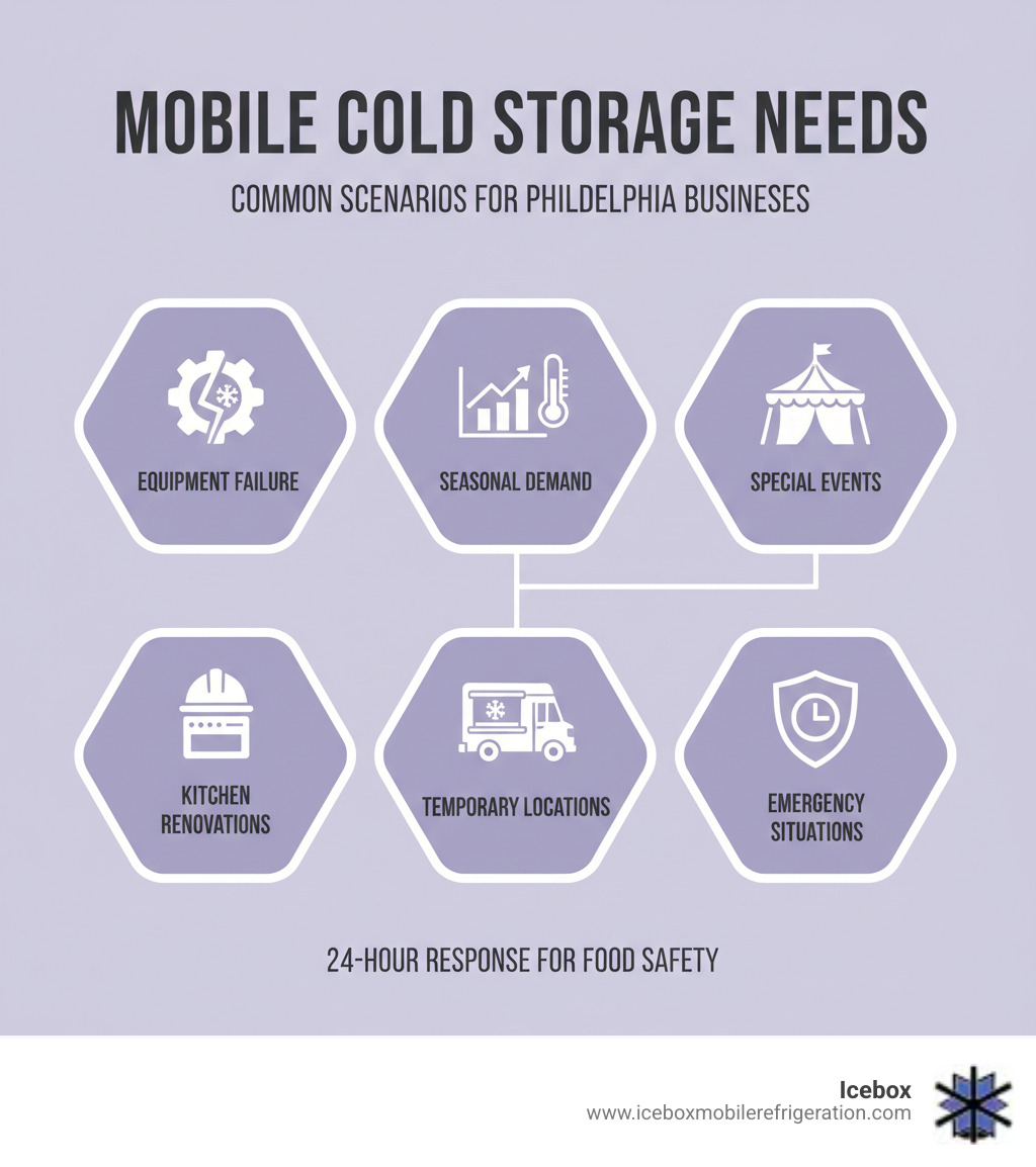 Infographic showing common scenarios requiring mobile cold storage: Equipment failure or breakdown requiring immediate backup refrigeration, Seasonal demand spikes overwhelming existing cooler capacity, Special events and catering requiring temporary on-site cold storage, Kitchen renovations or construction making permanent units inaccessible, Temporary business locations like food trucks or pop-up markets needing flexible cooling solutions, Emergency situations requiring 24-hour response for food safety compliance - commercial refrigeration Philadelphia infographic 