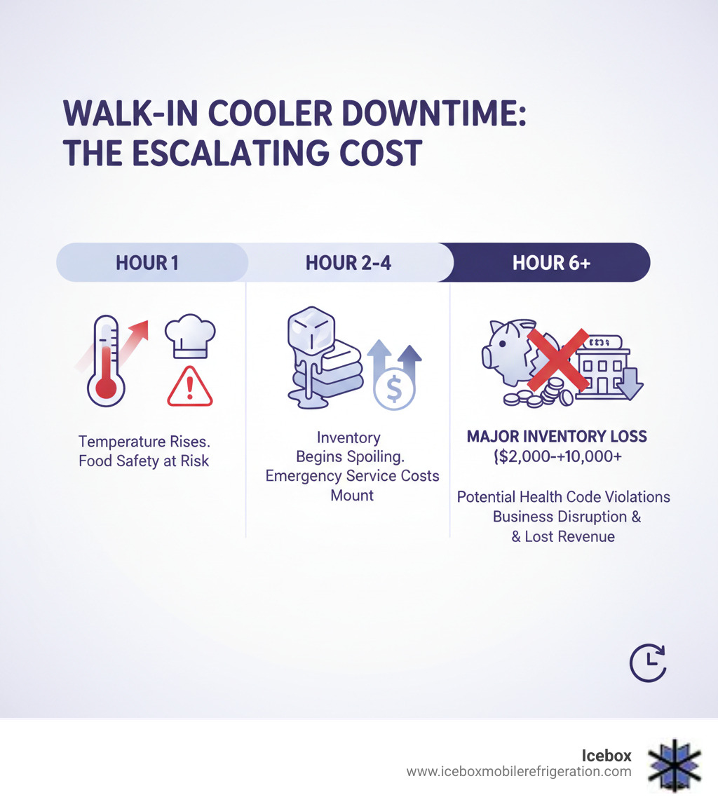 Infographic showing the escalating cost of walk-in cooler downtime: Hour 1 - Temperature rises, food safety at risk; Hour 2-4 - Inventory begins spoiling, emergency service costs mount; Hour 6+ - Major inventory loss ($2,000-$10,000+), potential health code violations, business disruption, and lost revenue from inability to serve customers - walk-in cooler service infographic 