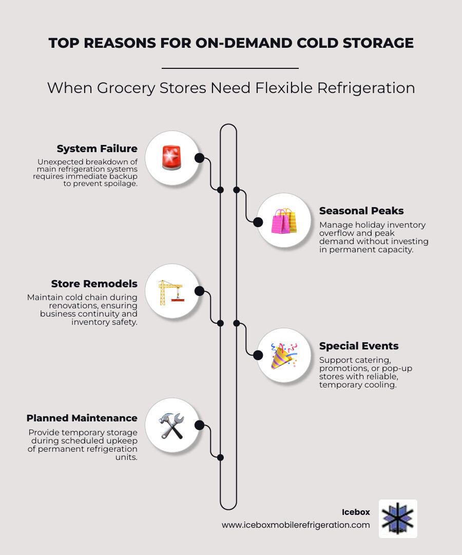 Infographic showing top reasons grocery stores need emergency or supplemental cold storage: equipment failure and system breakdown requiring immediate backup, seasonal inventory overflow during holidays and peak periods, planned store remodels and renovation downtime, special events and catering operations, scheduled maintenance on permanent refrigeration systems, and temporary capacity expansion during promotions - Grocery store refrigeration infographic infographic-line-5-steps-elegant_beige