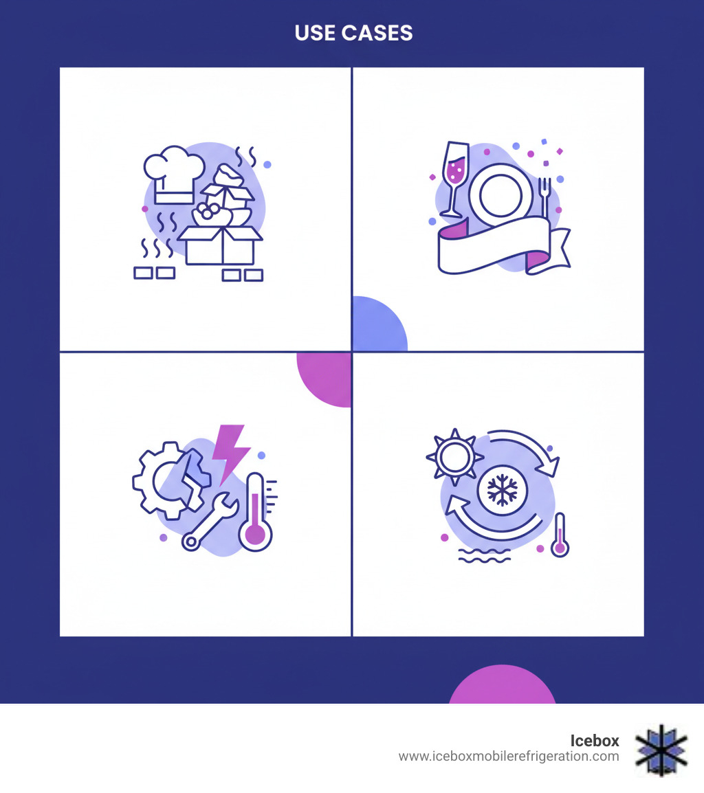 Infographic showing the four main use cases for mobile refrigeration: Restaurant overflow, Catered events, Emergency breakdowns, and Seasonal demand. - refrigerated trailer rental Philadelphia infographic 