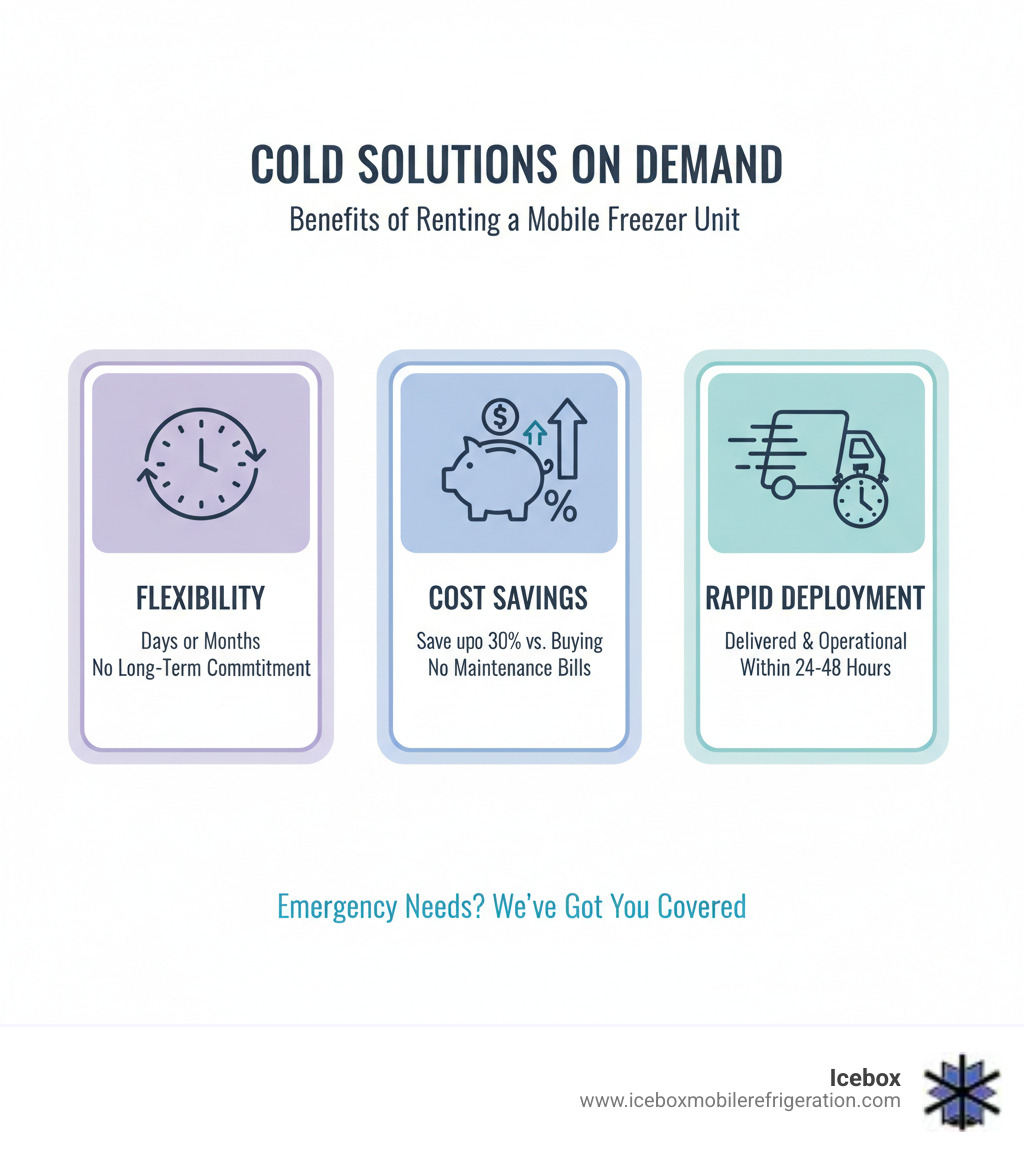 Infographic showing three key benefits of renting a mobile freezer unit: 1. Flexibility - rent for days or months with no long-term commitment, 2. Cost Savings - save up to 30% versus buying, with no maintenance bills, 3. Rapid Deployment - units delivered and operational within 24-48 hours for emergency needs - rent a freezer unit infographic Infographic showing three key benefits of renting a mobile freezer unit: 1. Flexibility - rent for days or months with no long-term commitment, 2. Cost Savings - save up to 30% versus buying, with no maintenance bills, 3. Rapid Deployment - units delivered and operational within 24-48 hours for emergency needs - rent a freezer unit infographic