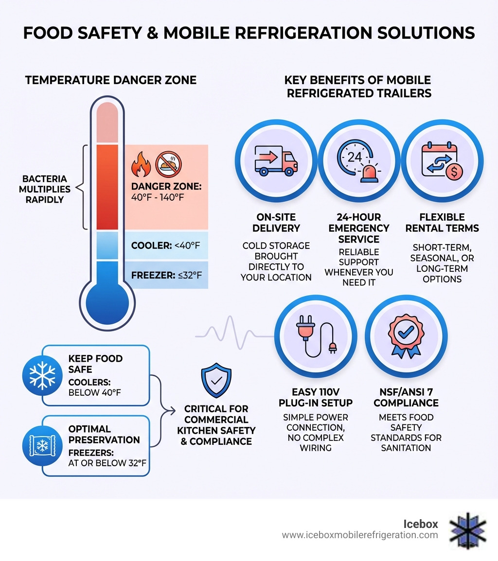 infographic showing the Temperature Danger Zone for food (40°F to 140°F), the importance of keeping food below 40°F in coolers and at or below 32°F in freezers, and key benefits of mobile refrigerated trailers: on-site delivery, 24-hour emergency service, flexible rental terms, easy 110v plug-in setup, and compliance with NSF/ANSI 7 food safety standards - commercial kitchen refrigeration infographic infographic showing the Temperature Danger Zone for food (40°F to 140°F), the importance of keeping food below 40°F in coolers and at or below 32°F in freezers, and key benefits of mobile refrigerated trailers: on-site delivery, 24-hour emergency service, flexible rental terms, easy 110v plug-in setup, and compliance with NSF/ANSI 7 food safety standards - commercial kitchen refrigeration infographic