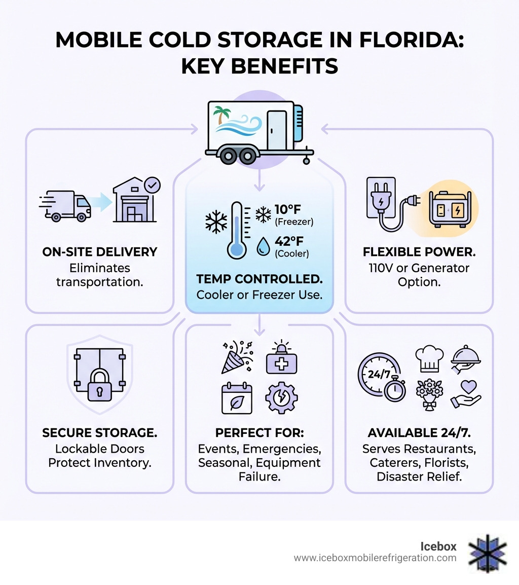 Infographic showing benefits of mobile refrigerated trailers in Florida: on-site delivery eliminates transportation needs, temperature-controlled from 10°F to 42°F for cooler or freezer use, 110-volt power or generator option for any location, secure lockable doors protect inventory, perfect for events, emergencies, seasonal overflow, and equipment failures, available 24/7 for last-minute needs, serves restaurants, caterers, event planners, florists, and disaster relief operations across Florida - cold storage Florida infographic 